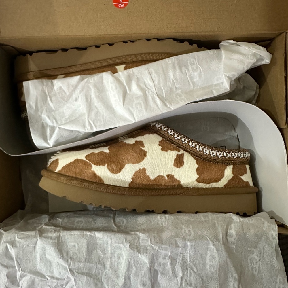 UGG Brown and Cream Cow Print Mules.NEW!!